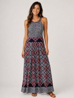 Wisp Boho Print Maxi Dress Size 6 | Sleeveless Halter Neck Navy Pink Dress